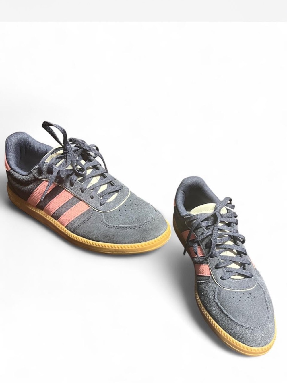 Grey Suede Sneakers with Pink Stripes